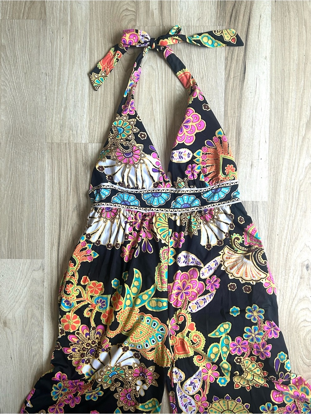 TRINA TURK Halter Wide-Leg Jumpsuit - Black w/ Multicolor Print Size S/XS - Picture 3 of 7